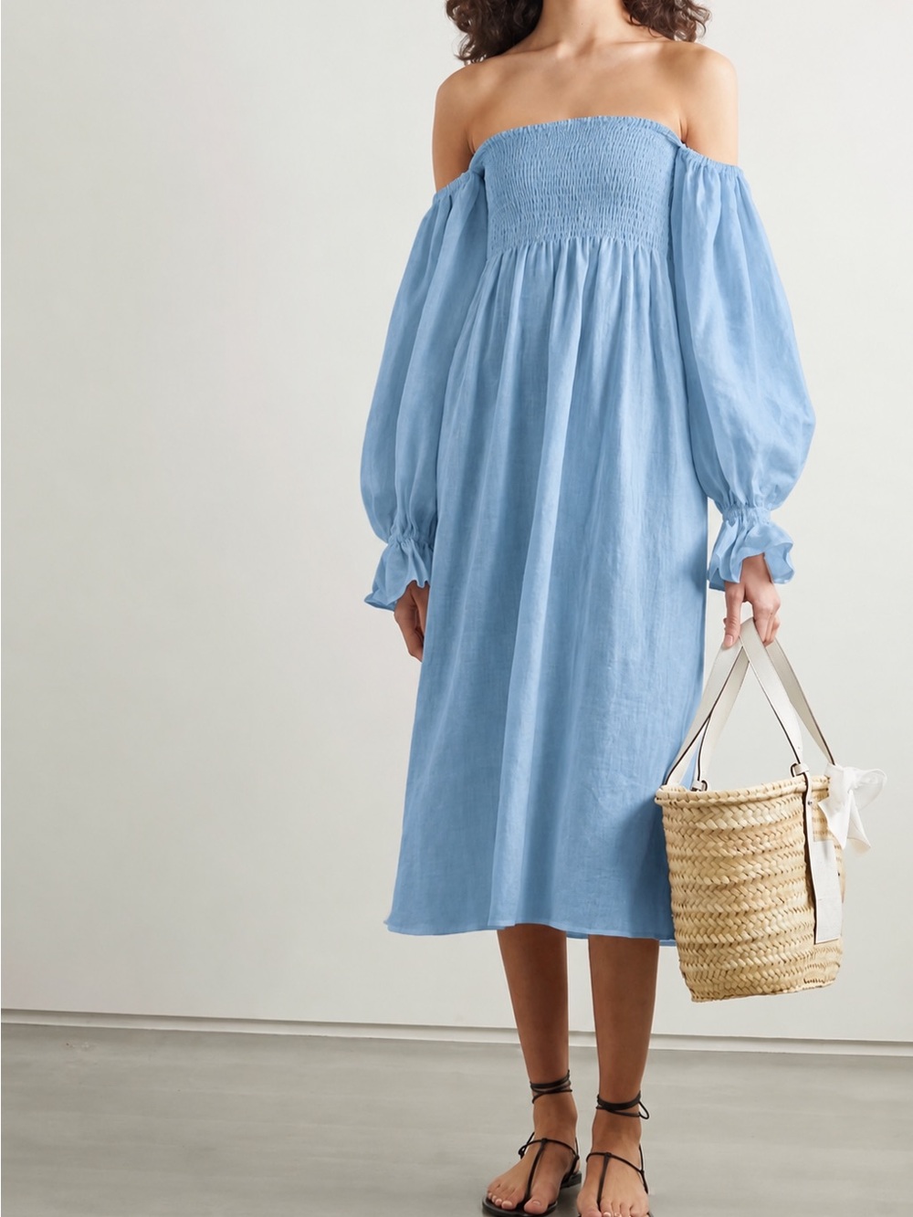 Sleeper Sky-Blue Off-Shoulder Smocked Midi Dress